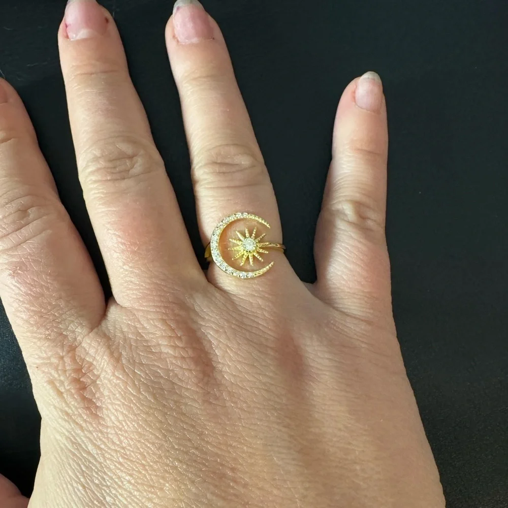 Crescent and Star Ring in gold plated Sterling Silver Adjustable Star Moon Ring
